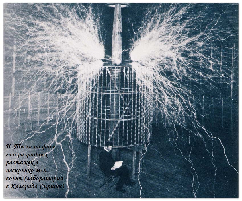 Фото Николы Тесла на фоне гигантских молний в миллионы вольт